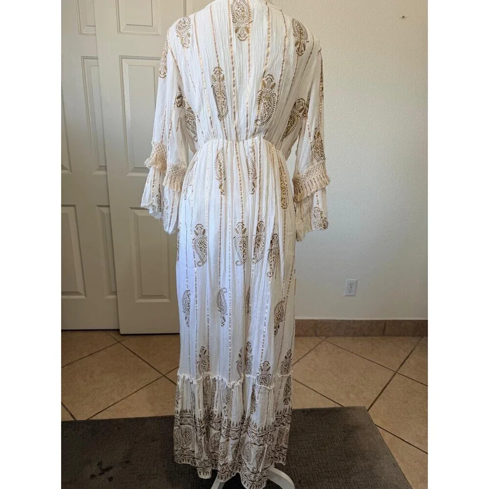 Namaste India Women S Dress Gold White Embroidered Bell Sleeve Festival Boho - Picture 3 of 16